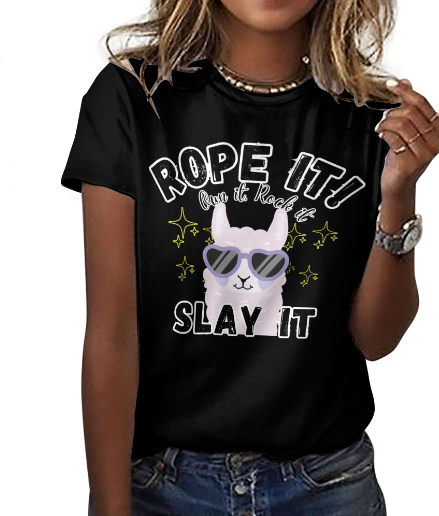 Person wearing a black t-shirt with a llama graphic and text