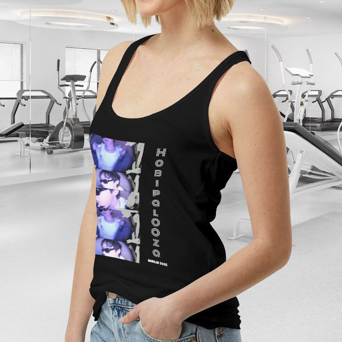 Woman at the gym wearing a hobipalooza tank top