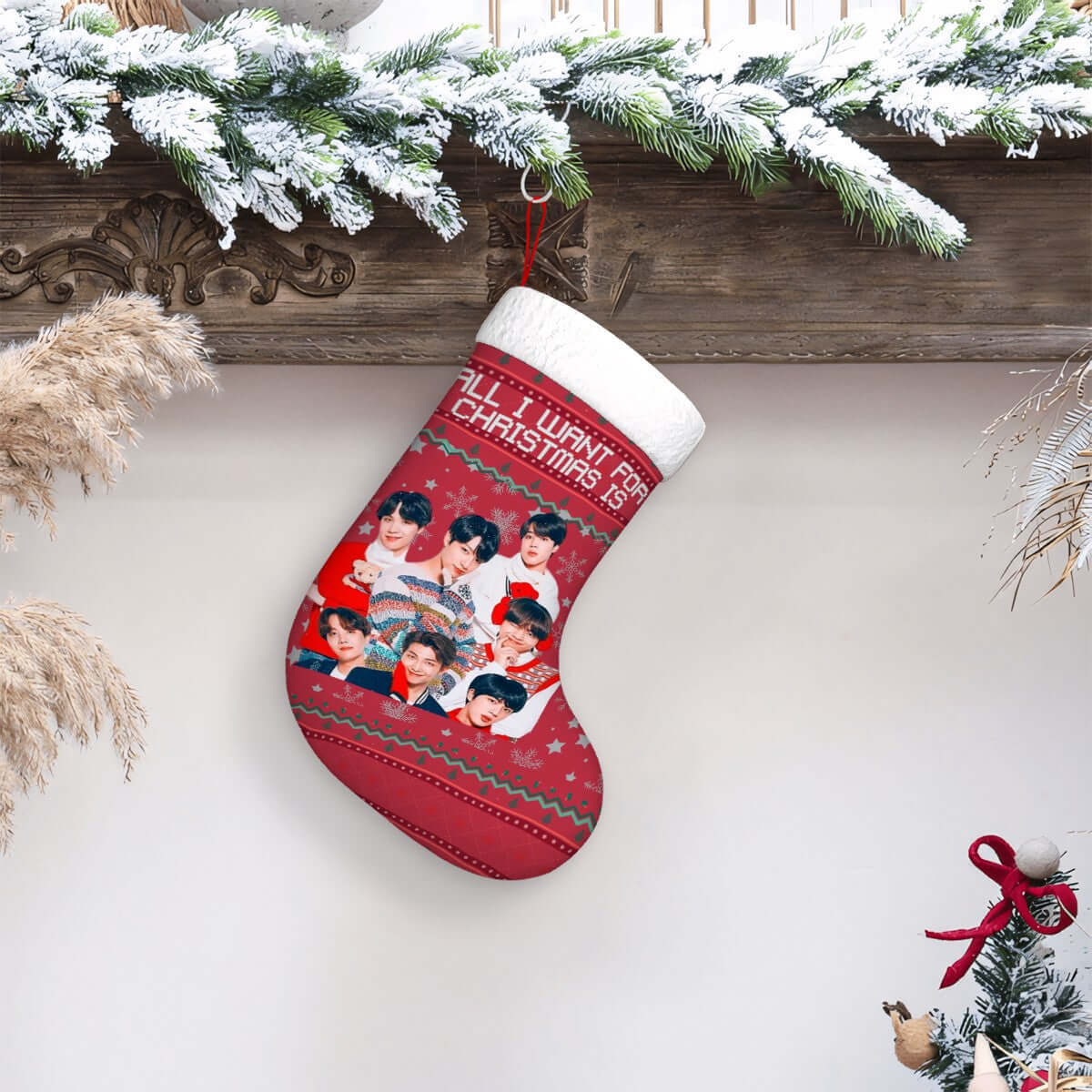 Red and festive christmas stocking with BTS group photo 