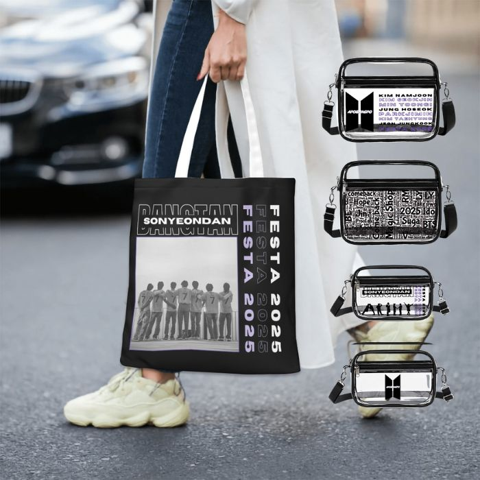 Woman holding a toteback with design BTS comeback n 2025