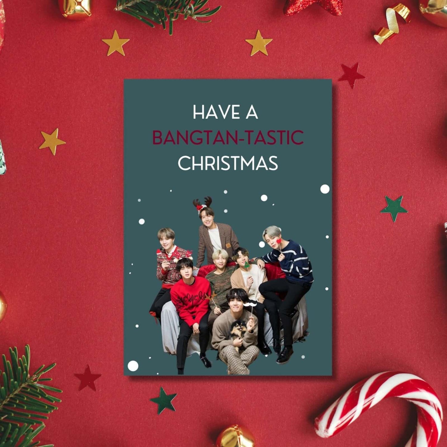 Christmas card with group BTS with festive christmas red background