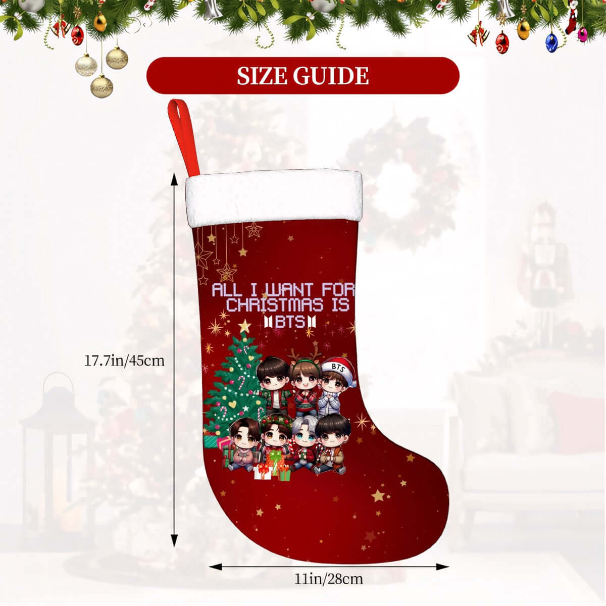 Chibi Style BTS Christmas Stocking with festive mini BTS characters, perfect holiday décor for ARMY fans, plush fabric size 11"x17.7".