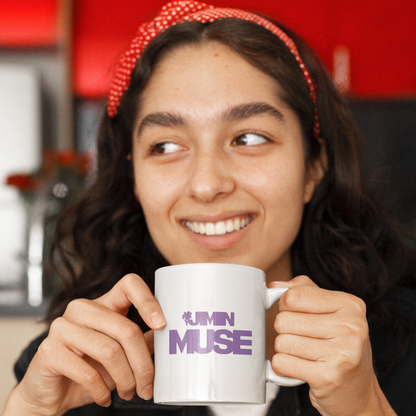 Happy young woman sipping coffee with Jimin Muse mug