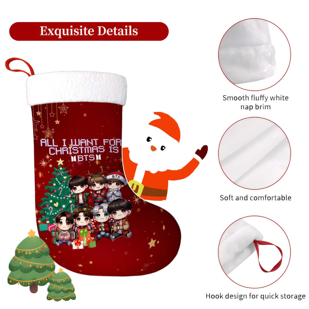 Chibi BTS Christmas stocking with festive designs, smooth white trim, soft plush fabric, and a convenient hanging loop for easy display.