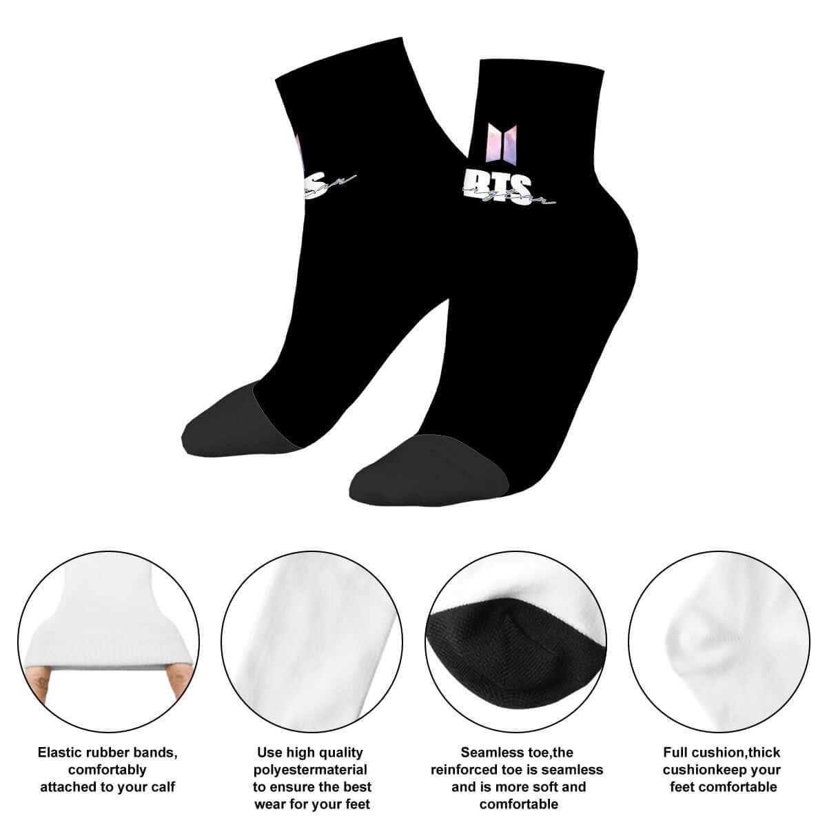 BTS black tube socks with logo, high-quality polyester spandex blend, seamless toe, cushioned footbed, perfect for fans and gifting.