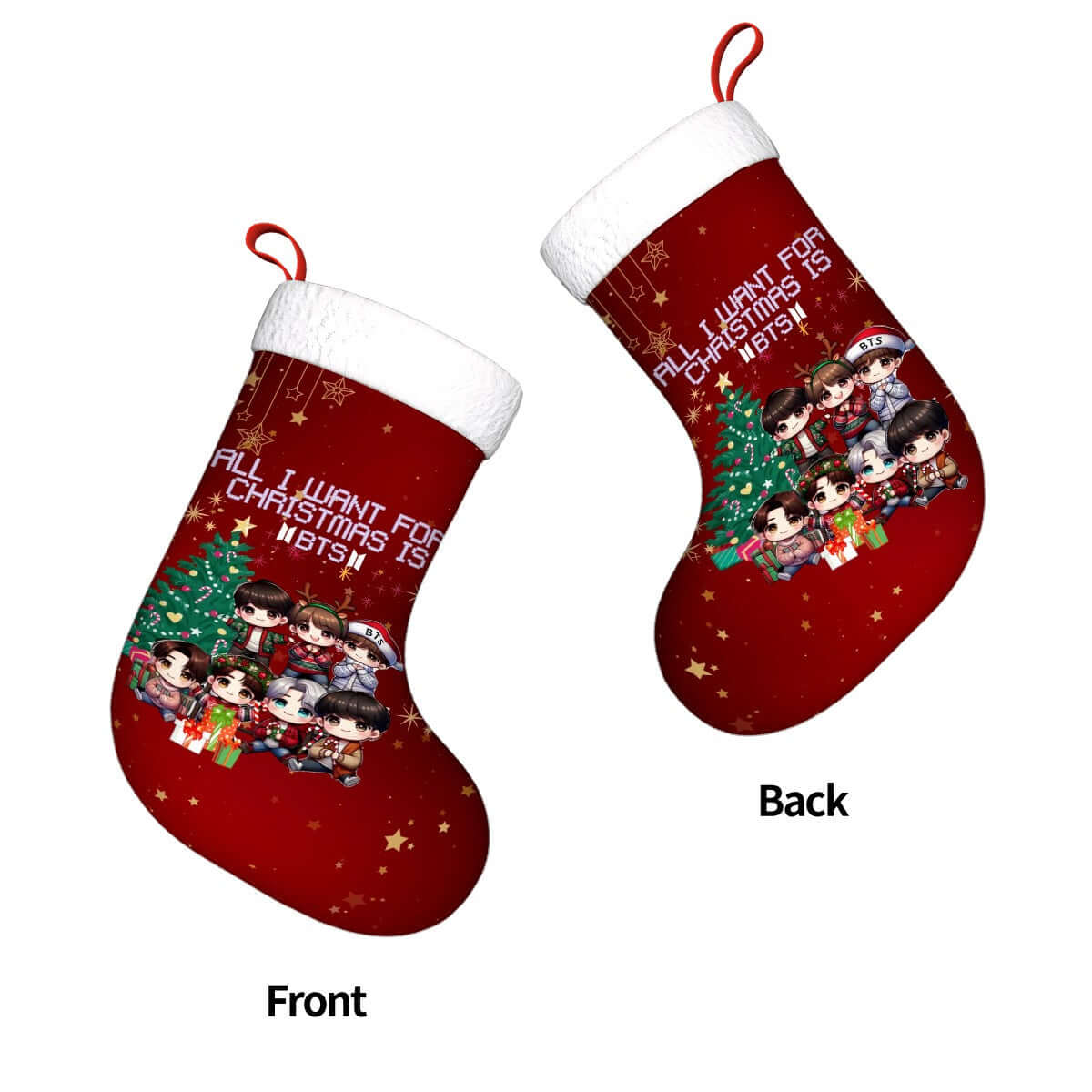 Chibi BTS Christmas stocking with festive mini BTS members, red plush fabric, perfect holiday décor for ARMY fans.