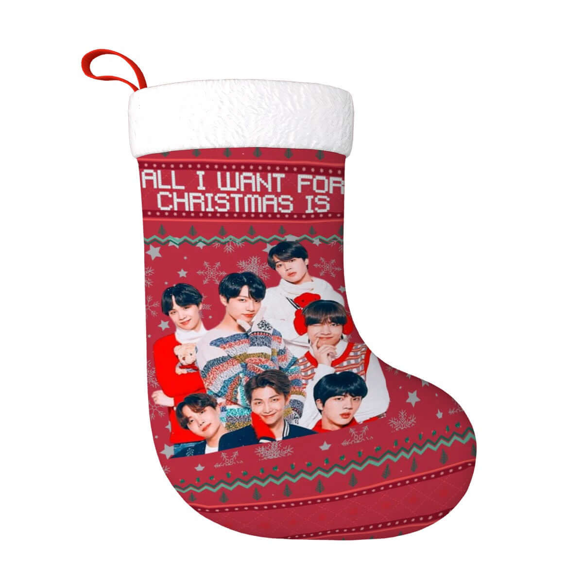 BTS Christmas stocking with plush fabric, perfect for ARMY holiday decor. Celebrate with your favorite band this season!