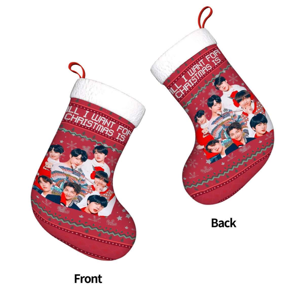 BTS-themed Christmas stocking with group images on red plush fabric, perfect holiday gift for ARMY.