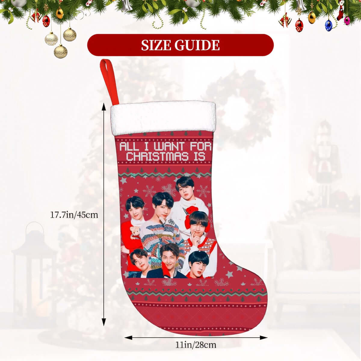 BTS Christmas stocking with plush fabric, perfect for ARMY fans. Celebrate with your favorite band this holiday! Size: 11"x17.7".