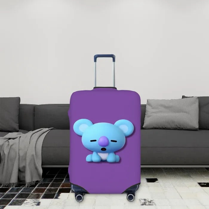 Travel suitcase with purple blue Koya BT21 suitcase cover in livingroom