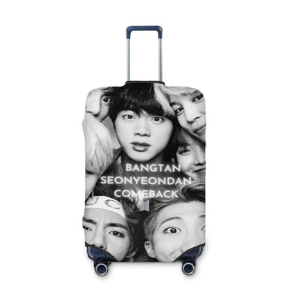 Travel suitcase with BTS members message comeback in 2025 suitcase cover standing in livingroom