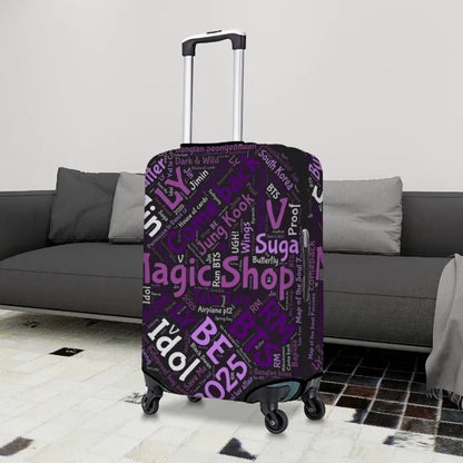 Travel suitcase with black purple colored text messages magic shop comeback of BTS suitcase cover in livingroom