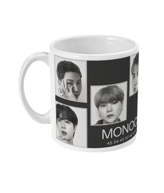 BTS Monochrome OT7 mug with Jin, J-Hope, Jungkook, Jimin, Taehyung, Suga, and RM in black-and-white portraits.