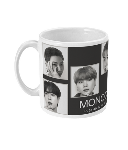 BTS Monochrome OT7 mug with Jin, J-Hope, Jungkook, Jimin, Taehyung, Suga, and RM in black-and-white portraits.