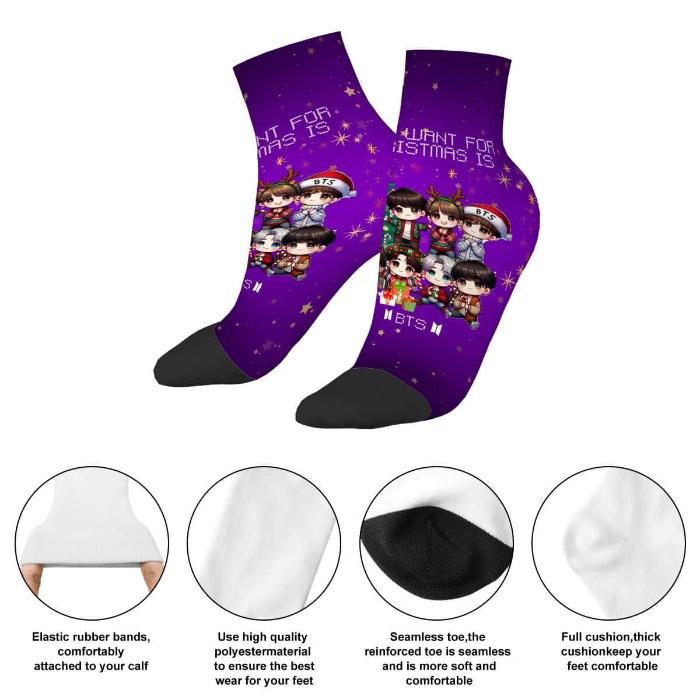 BTS chibi Christmas socks material 95% polyester blend.