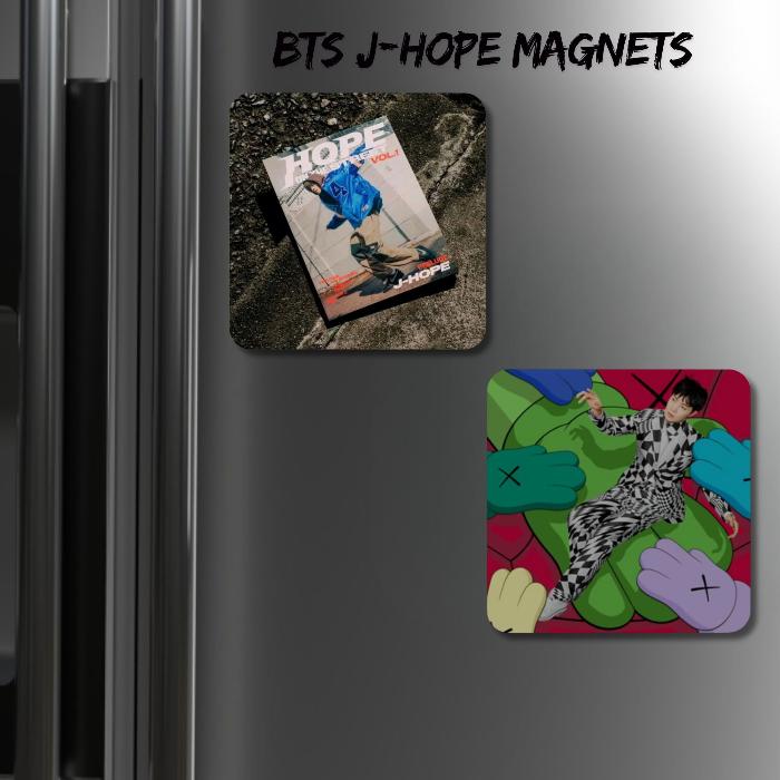 Refrigerator with BTS J-hope album On the street and Jack in the box magnets