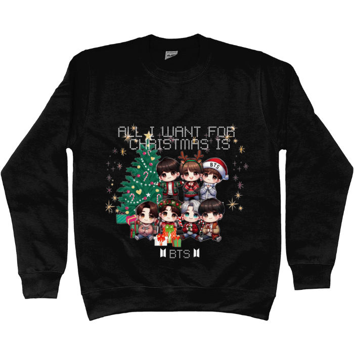 BTS Chibi Christmas Holiday Magic Sweater featuring cute characters around a festive tree, perfect for ARMY holiday cheer.