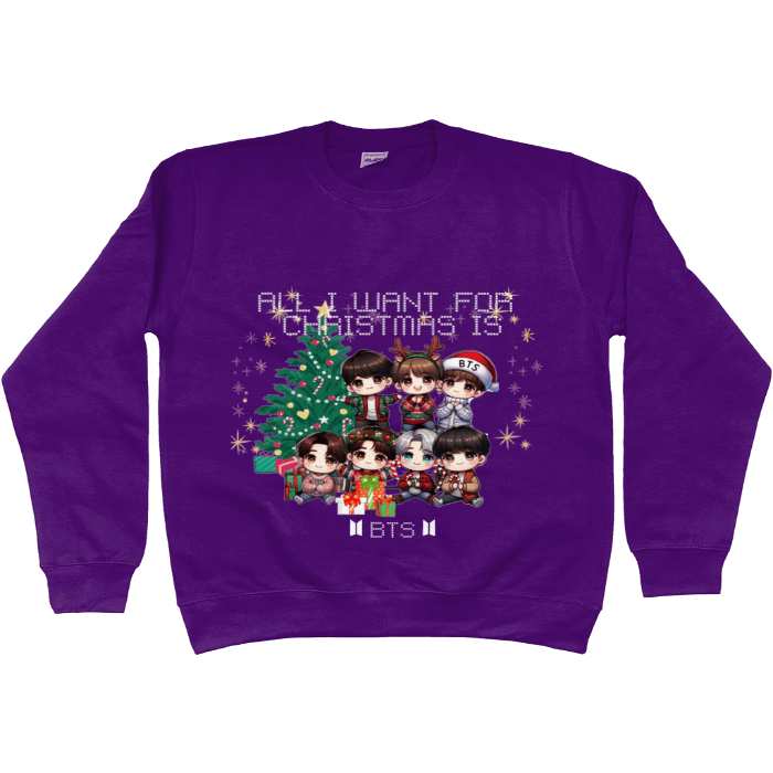 BTS Chibi Christmas sweater with adorable characters and tree design in festive purple, perfect for holiday cheer and warmth.