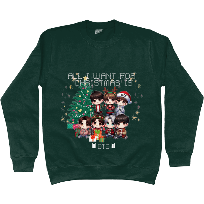 BTS Chibi Christmas Sweater with adorable characters around a tree, spreading holiday cheer for ARMY in festive style.