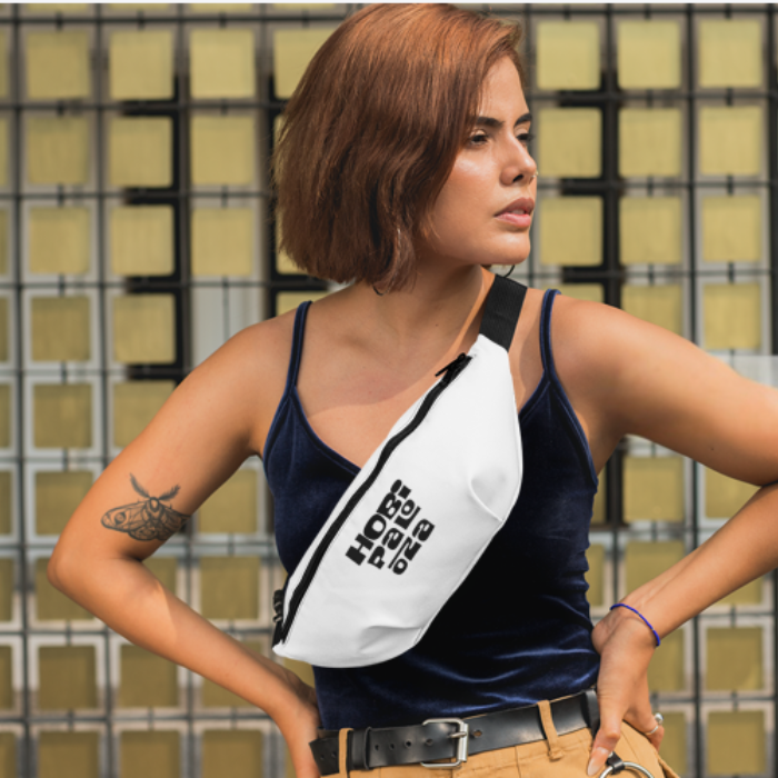 Woman wearing a Lollapalooza Hobipalooza black white fannybag waistbag J-Hope of BTS inspired
