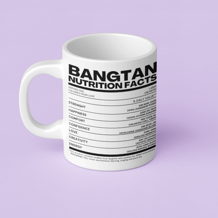 White mug with BTS nutrition facts design with a soft purple background color