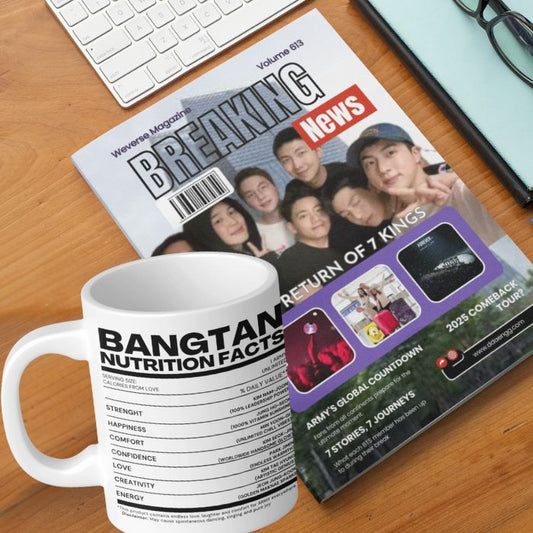 Bangtan coffee mug on a desk with a magazine headline breaking news about BTS comeback in June 2025.