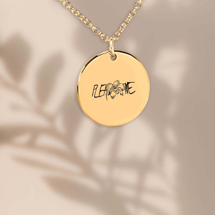 Golden coin necklace with 'Please Love Me' and Tigerlily design with golden background