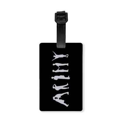 A suitcase with a back luggage tag with a white ARMY sign design inspired by BTS 