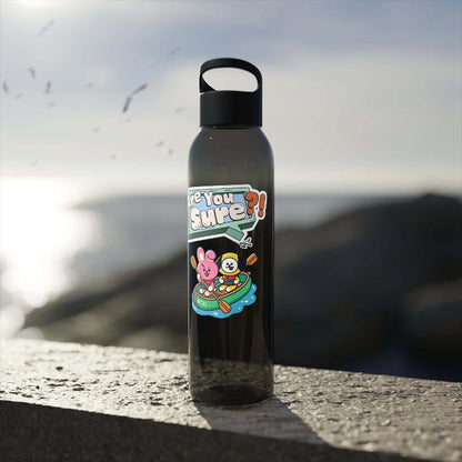 Clear black water bottle with AYS chimmy cooky design on a balcony 