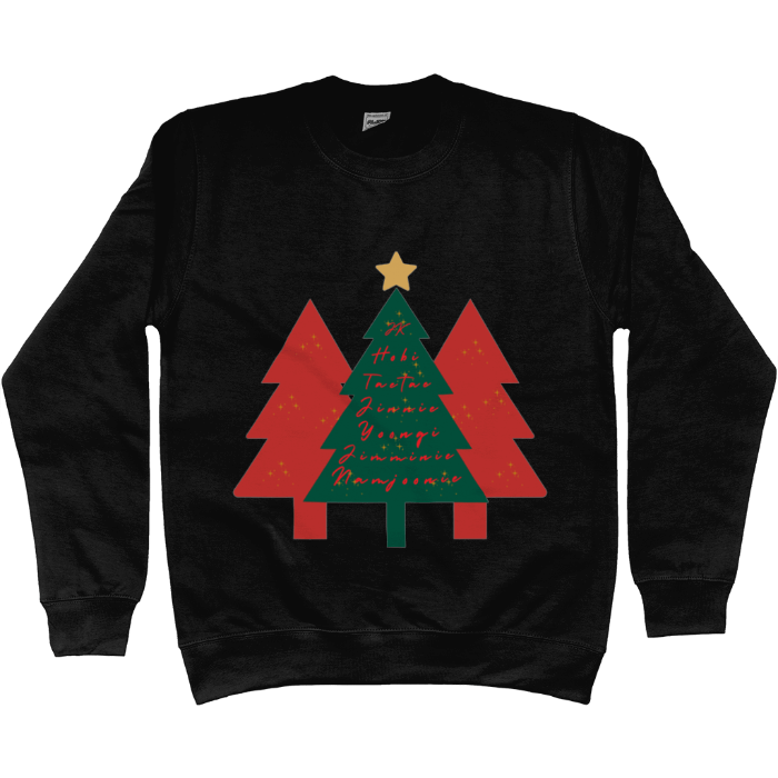 Festive BTS Christmas sweater featuring an ARMY holiday tree with member nicknames, perfect for BTS fans celebrating the season.