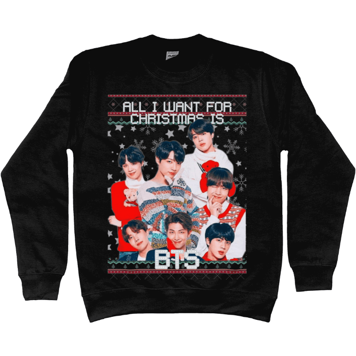 Classic Holiday Cheer BTS Christmas Sweater with festive BTS photo and snowflakes, perfect for ARMYs who love holiday magic.