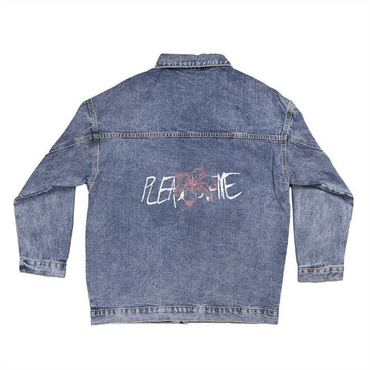 close-up back of denim jacket with Jungkook tatoo birthflower tigerlily