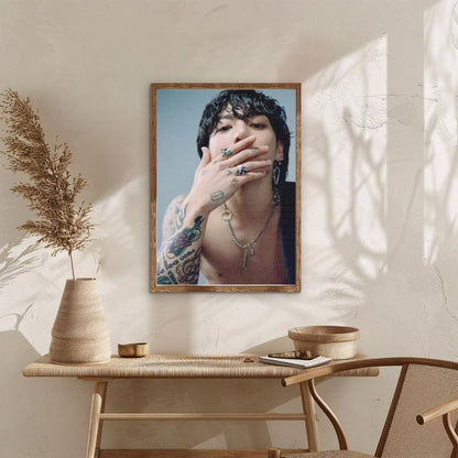 Sunny bright livingroom with diamond painting wall-art of Jungkook of BTS on the wall