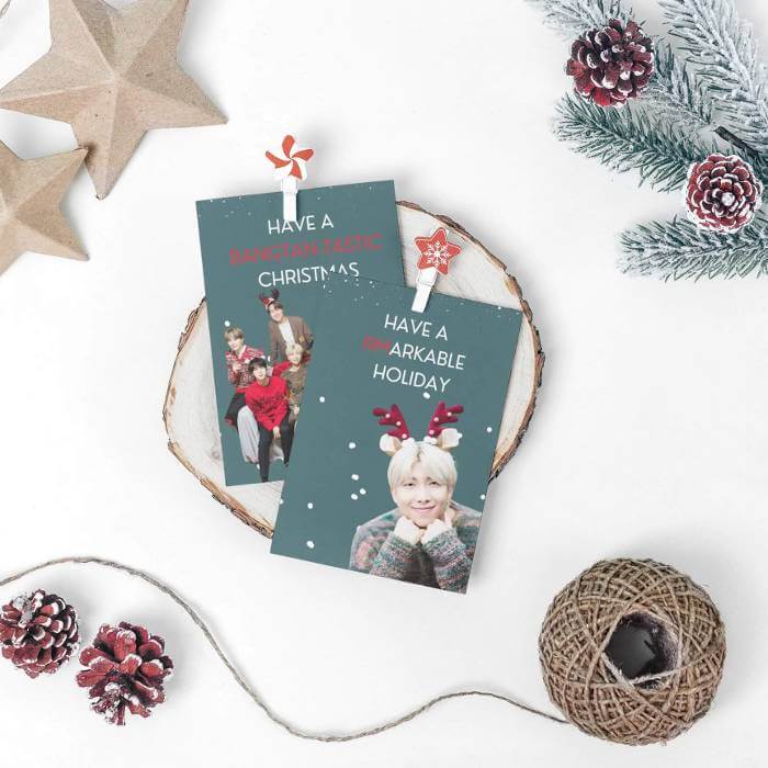 Festive BTS Christmas postcards with fun designs, pinecones, and twine, perfect for ARMY holiday cheer.