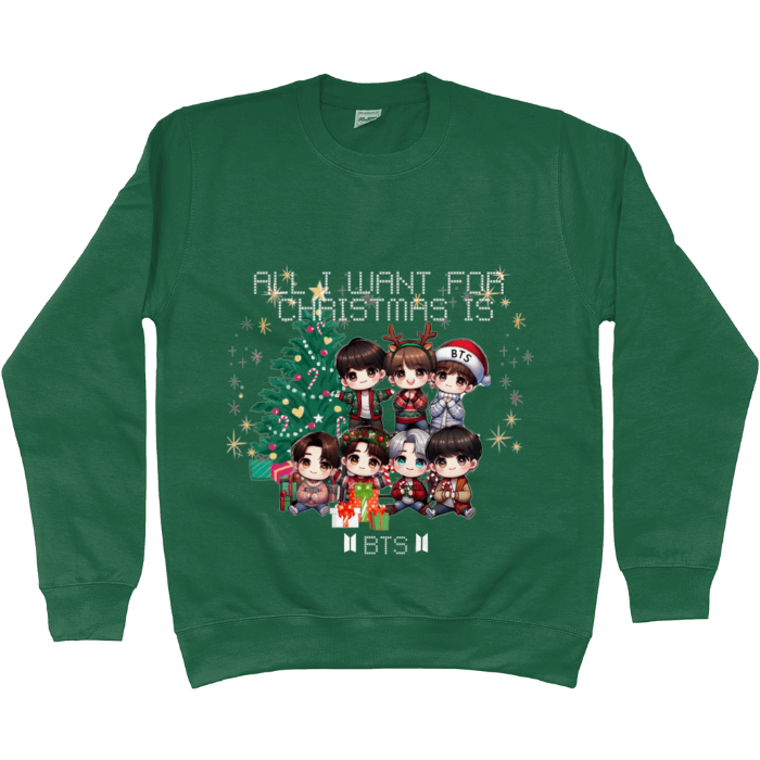 BTS Chibi Christmas sweater with members in holiday outfits by a Christmas tree, spreading festive cheer and ARMY love.