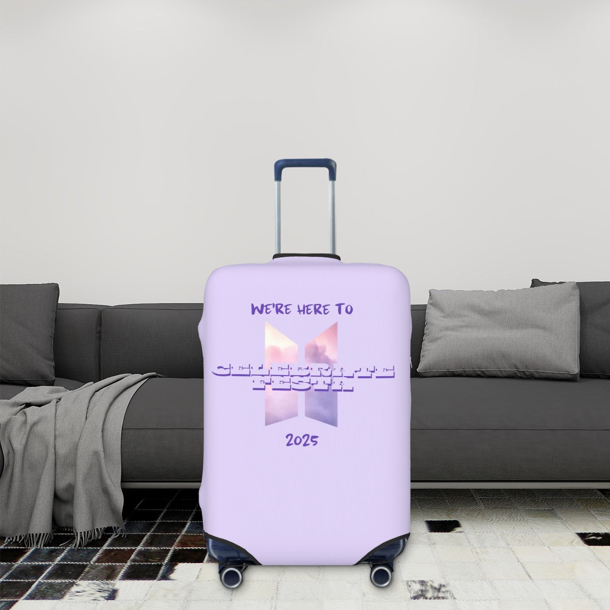 Travel suitcase with purple comeback BTS in 2025 message suitcase cover in livingroom