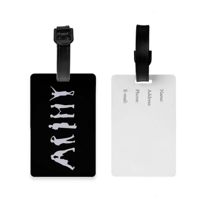 Image of front and back luggage tag BTS ARMY sign