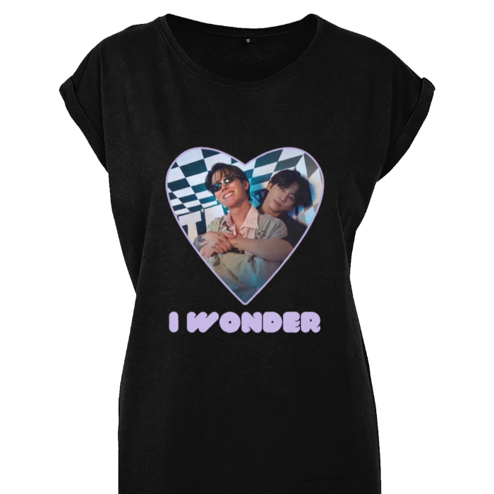 Black t-shirt with I wonder design featuring Jungkook and J-hope