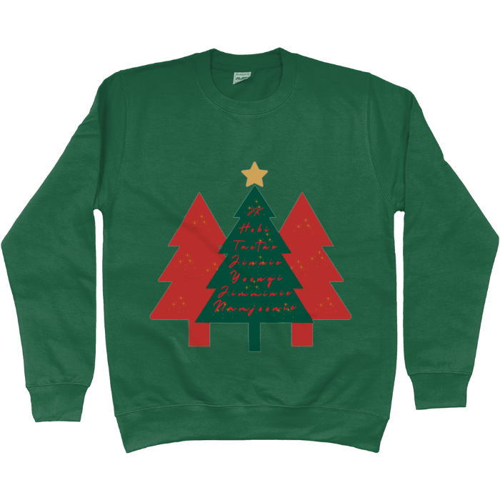 ARMY Holiday Tree BTS Christmas Sweater with festive tree design and member nicknames, perfect festive wear for BTS fans.