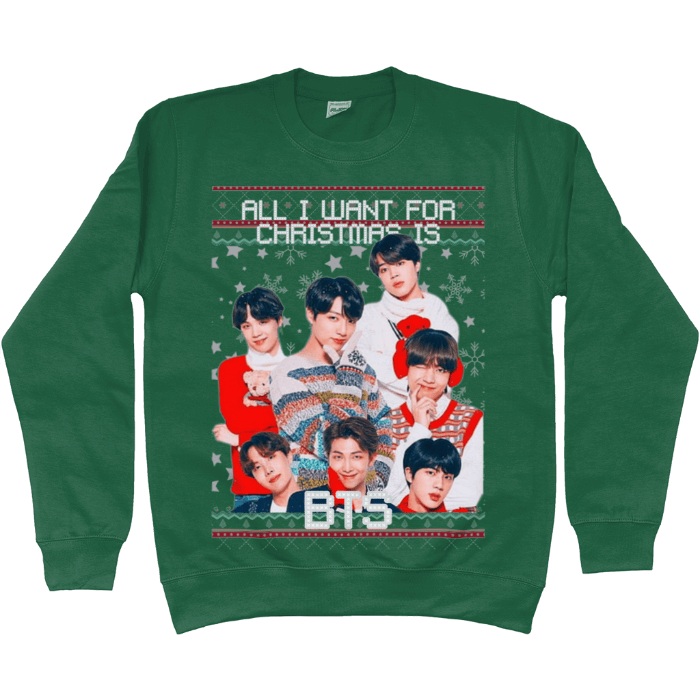 Classic green holiday sweater with festive BTS group photo and "All I Want for Christmas is BTS" text surrounded by snowflakes.