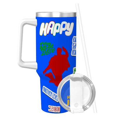 Happy Jin Travel Coffee Mug with Handle and Straw.