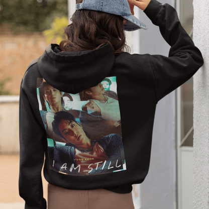 Young woman wearing hoodie with iconic Jungkook promo image documentary