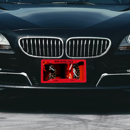 Black car bmw with red hope on stage license plate