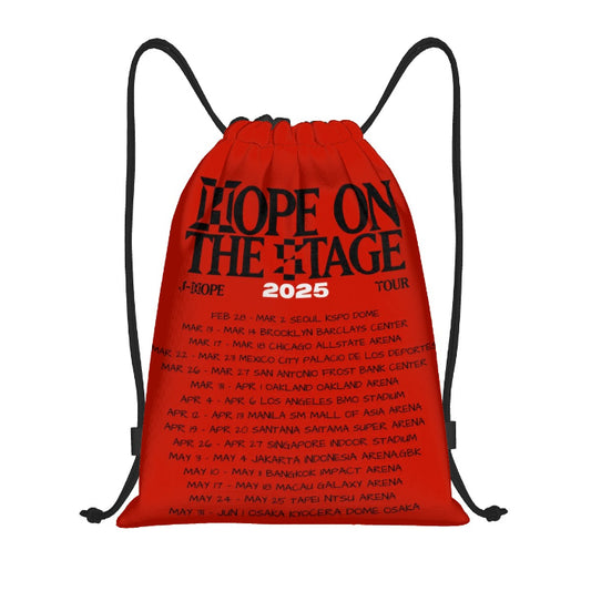 A red drawstring bag with design J-Hope Hope On The Stage tour dates in US, Asia and Mexico