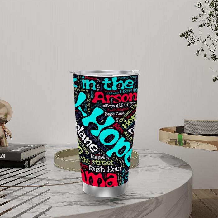 Stainless steel J-Hope discography travel mug on a table with plain background