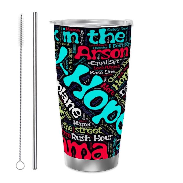 Stainless steel J-Hope discography travel mug with two straws and plain background