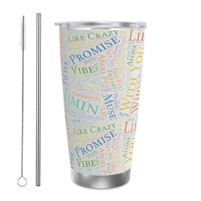 Insulated mug with Jimin discography design and two strings variant