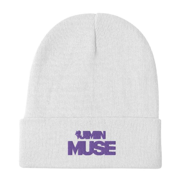 White knit beanie with purple embroidered muse of Jimin design