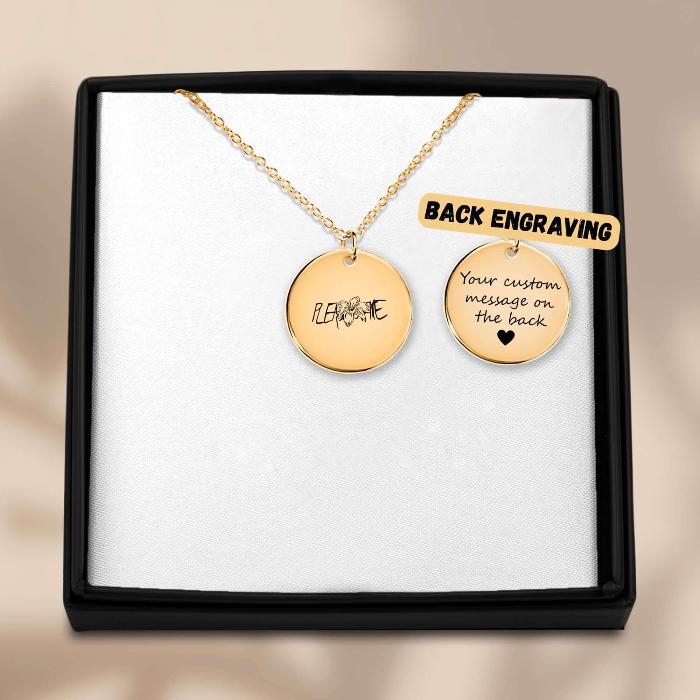 JK Tigerlily Birthflower Coin Necklace engraving and custom back message option in elegant jewelry box