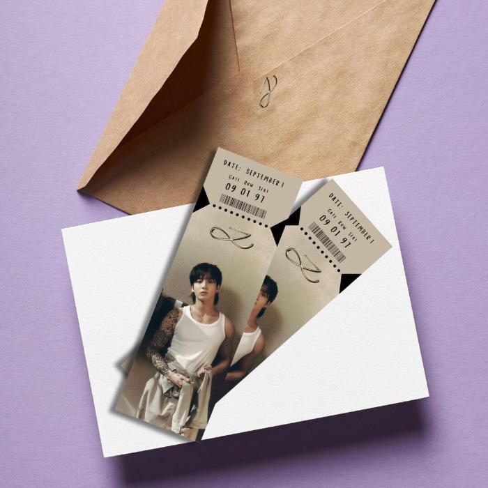 Mock-up two custom printable Jung Kook cinema tickets with a envelope